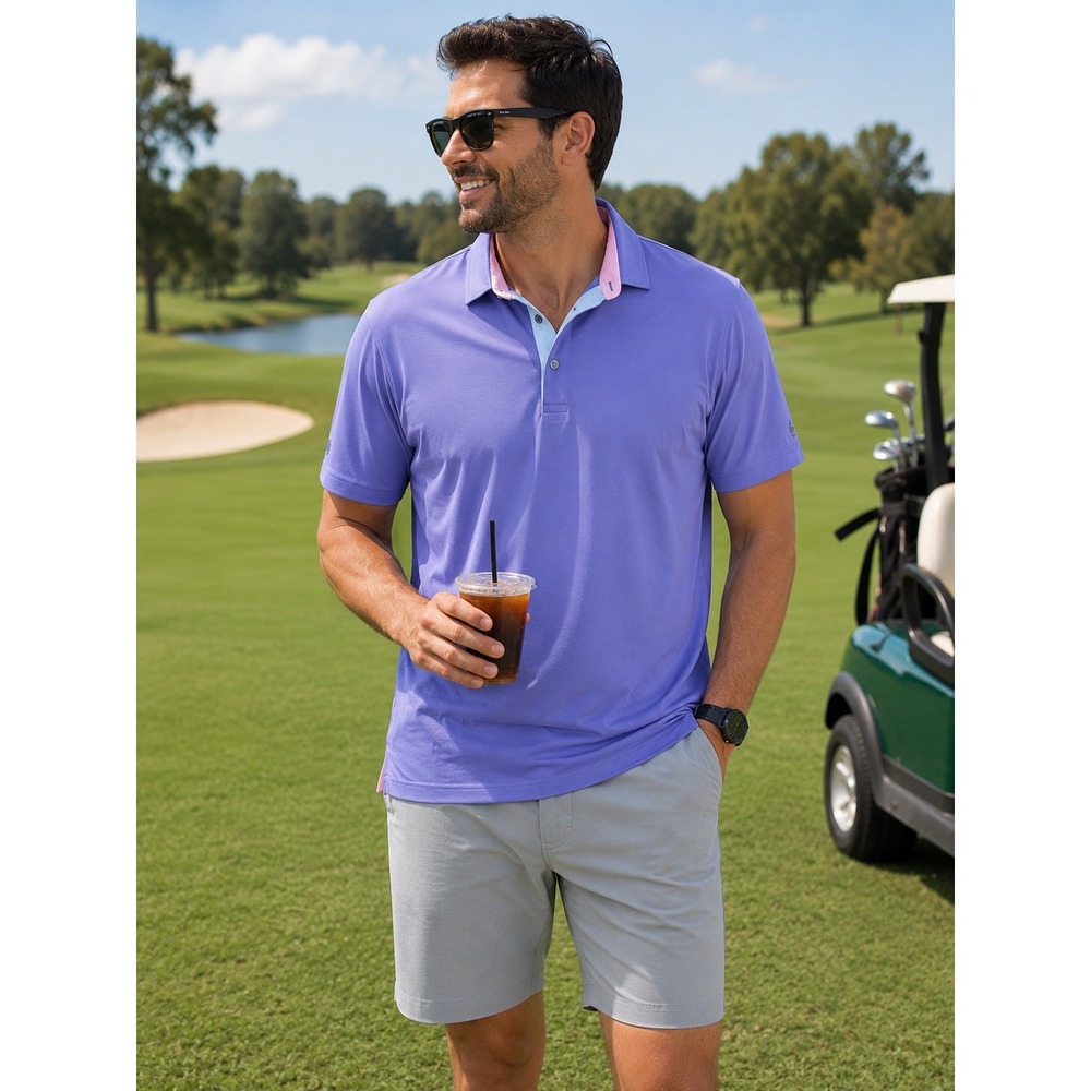Greyson Mens Purple Short Sleeve Golf Polo Shirt Contrast Collar Size L preppy
